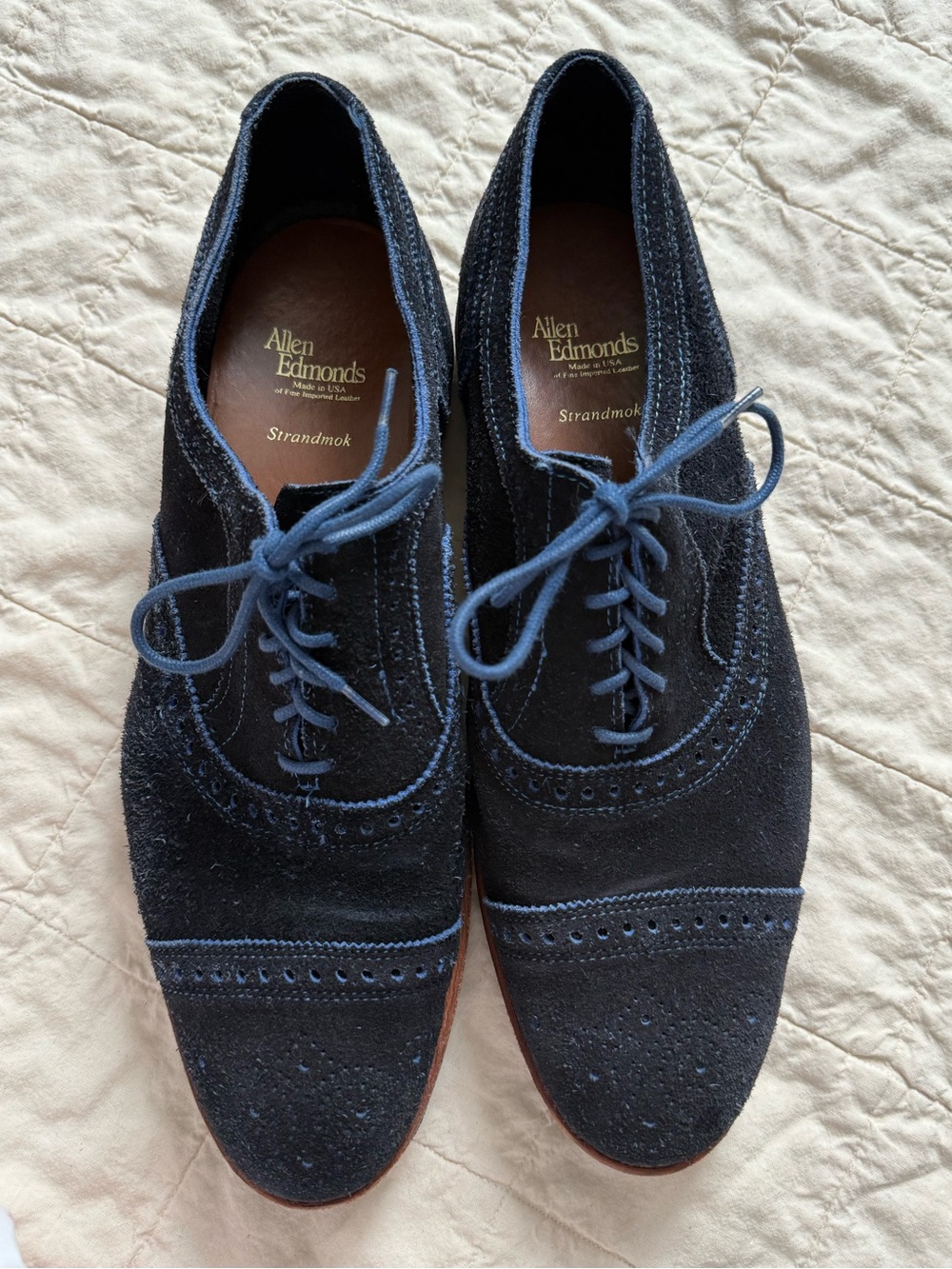 Allen Edmonds blue suede strandmok with gum sole 12D